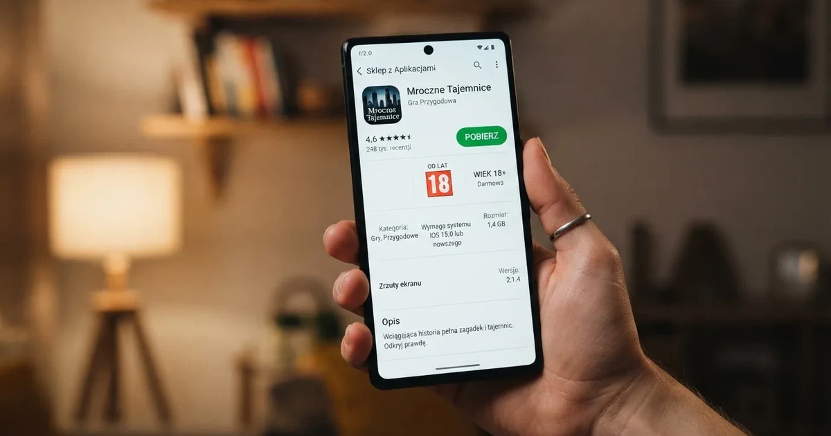 Dłoń trzymająca iPhone'a z otwartą w App Store stroną aplikacji kasyna z oznaczeniem kategorii wiekowej 18+ i przyciskiem pobierania