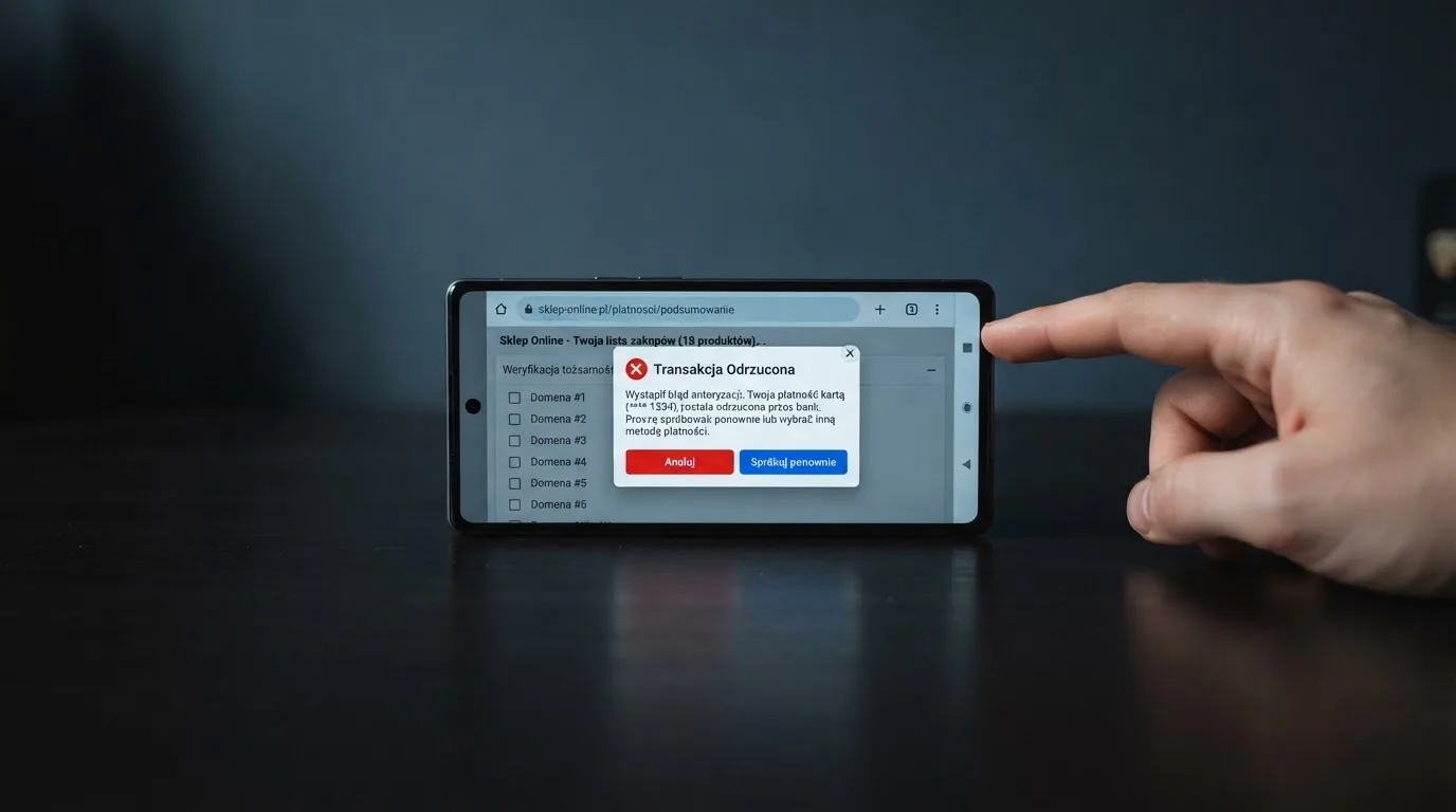 Ekran iPhone'a z odrzuconą płatnością BLIK obok otwartej w Safari wyszukiwarki rejestru domen Ministerstwa Finansów